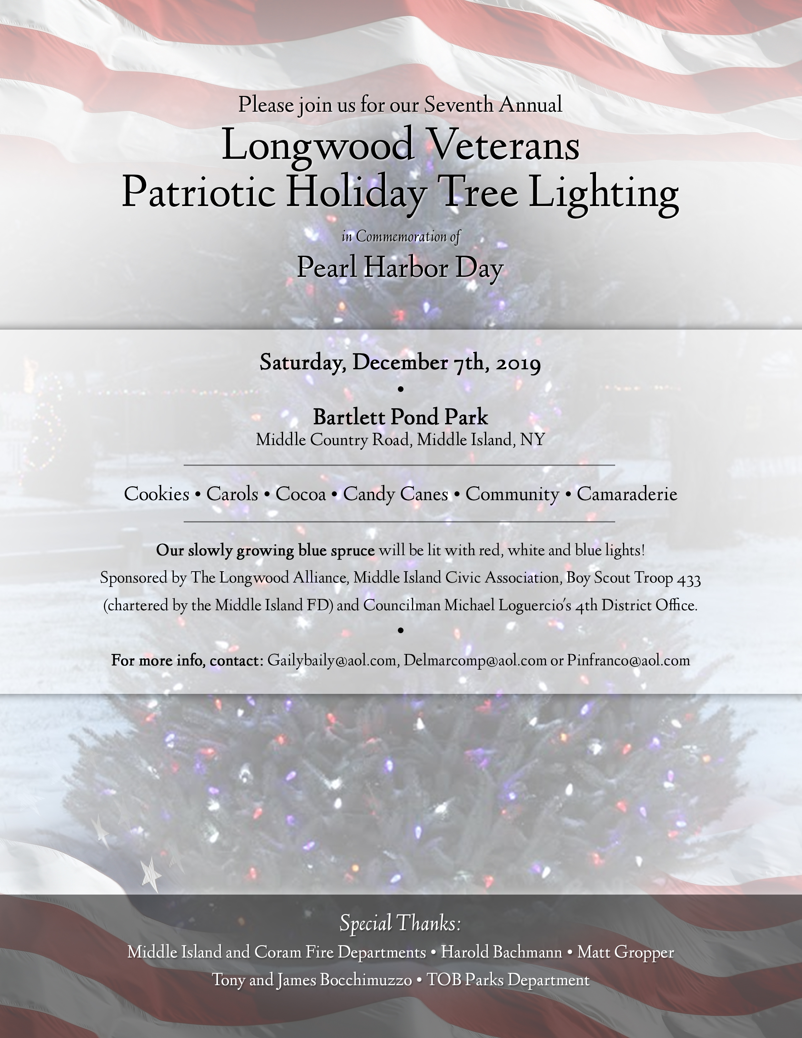Read more about the article Pearl Harbor Day Patriotic Holiday Tree Lighting this Sat, Dec 7 at 12:30pm